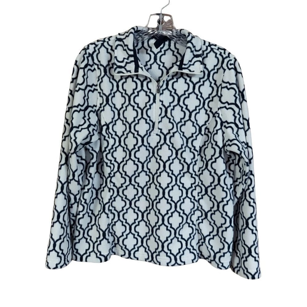 Lands' End Thermacheck Black & White Damask Print Quarter Zip Fleece Pullover